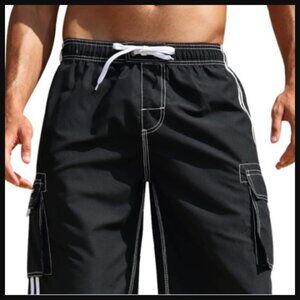 Ocean Pacific (OP) Black Board Shorts with White Stripes White Stitching Size L